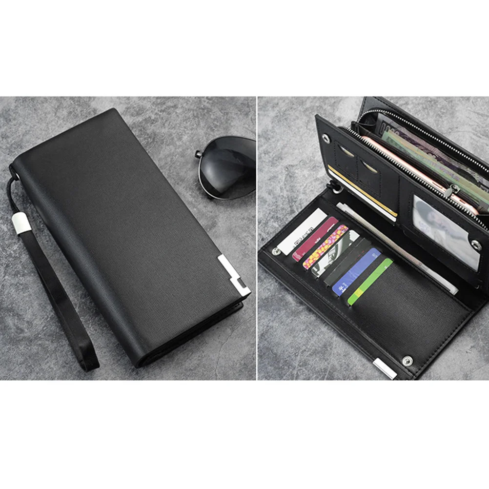 

Large Capacity Wallet For Men Premium Pu Long Wallet Multiple Card Slots Zippered Closure Phone Pocket Storage Black