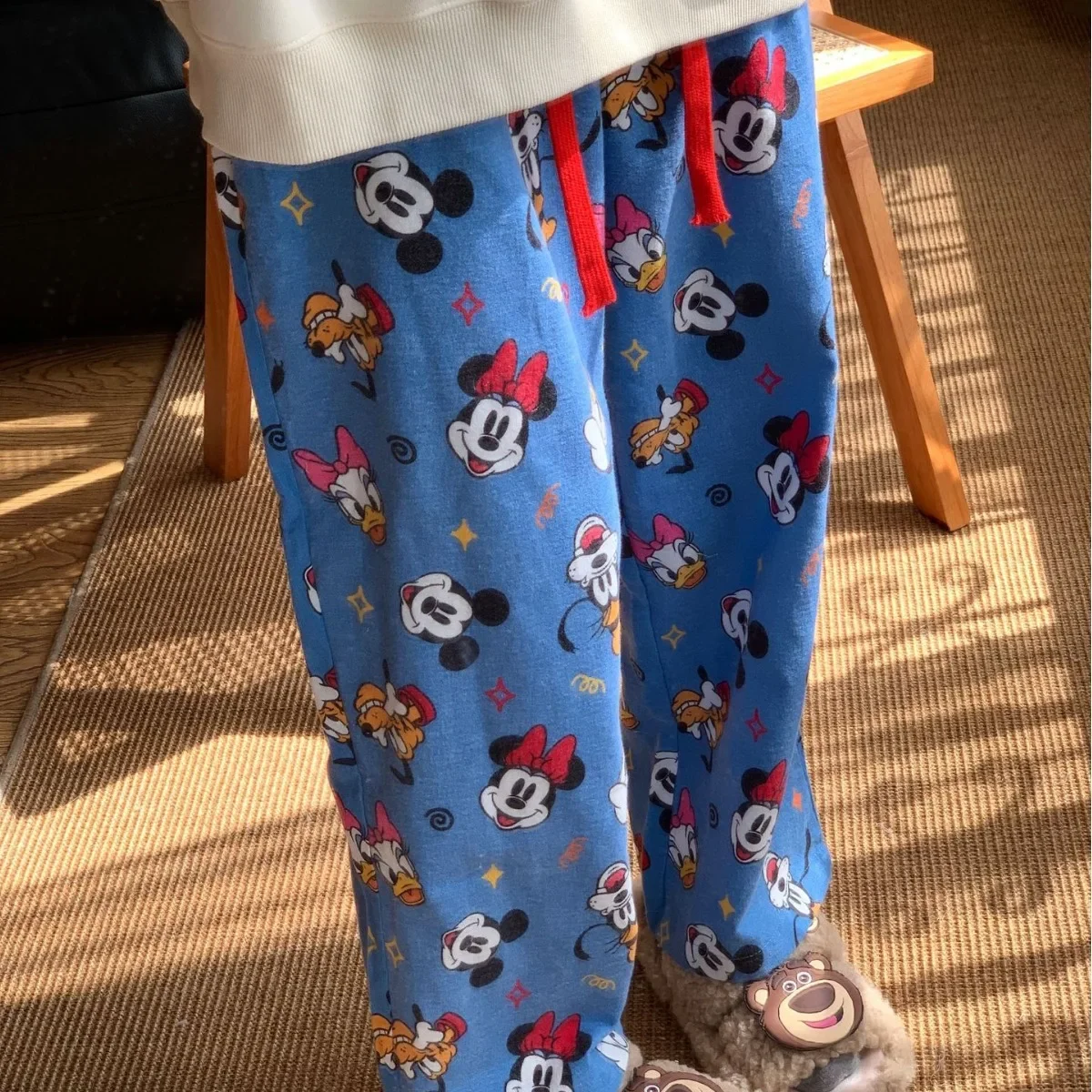 מכנסי שינה מבד כותנה עם דמויות מיקי מאוס של דיסני, קרטון חמוד, נוחים ומרווחים, מכנסי פיג'מה לנשים בבית