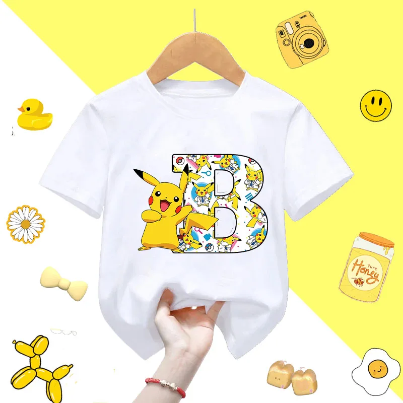 البوكيمون بيكاتشو قصيرة الأكمام تيشيرت صيفي بلايز القطن المحملة أنيمي A-Z رسائل مطبوعة ملابس لطيف الأطفال ملابس كاجوال هدية #3