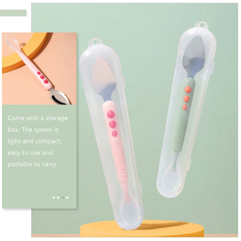 

Double Head Baby Silicone Spoon for Fruit Puree Scraping Infant Feeding Training Spoon with Storage Box Portable Lightweight