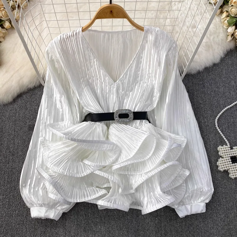 2024 New Tide Fashion High Quality Solid V Neck Belt Ruffles Patchwork Slim Blouse Women Basics Shirt Tops