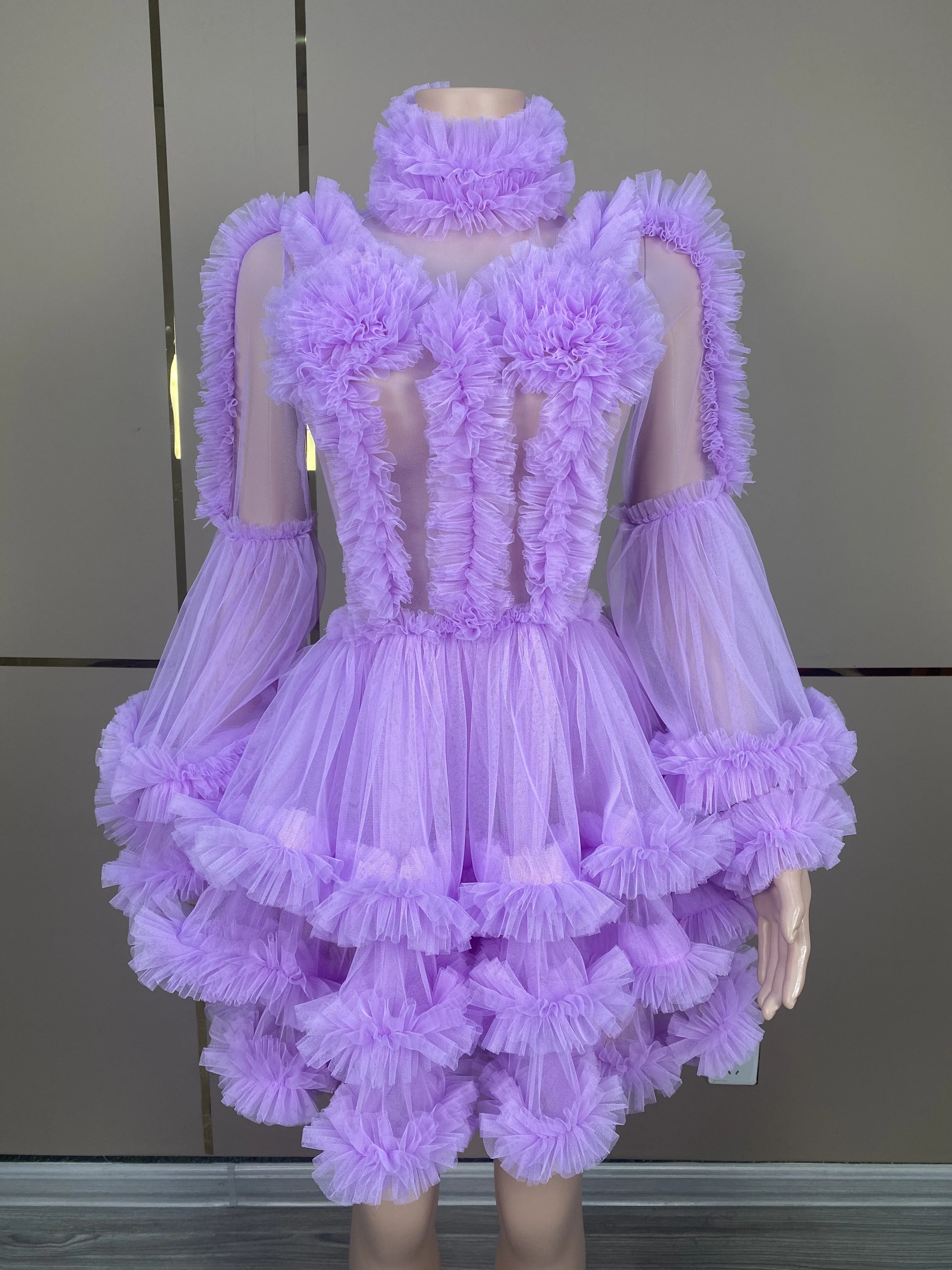 

2024 Long Sleeves Purple Red Mesh Sexy Dress Female Singer Dance Show Dresses Stage Birthday Celebrate Costume Outfit