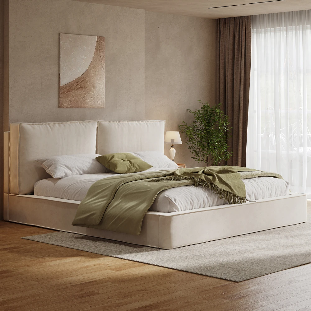 160x200cm & 180x200cm Beige Chenille-Polsterbett, Doppelbett mit Gitterstruktur und weich gepolstertem Kopfteil, robustes Bettgestell, modernes elegantes Schlafzimmermöbel, komfortables Polsterbett