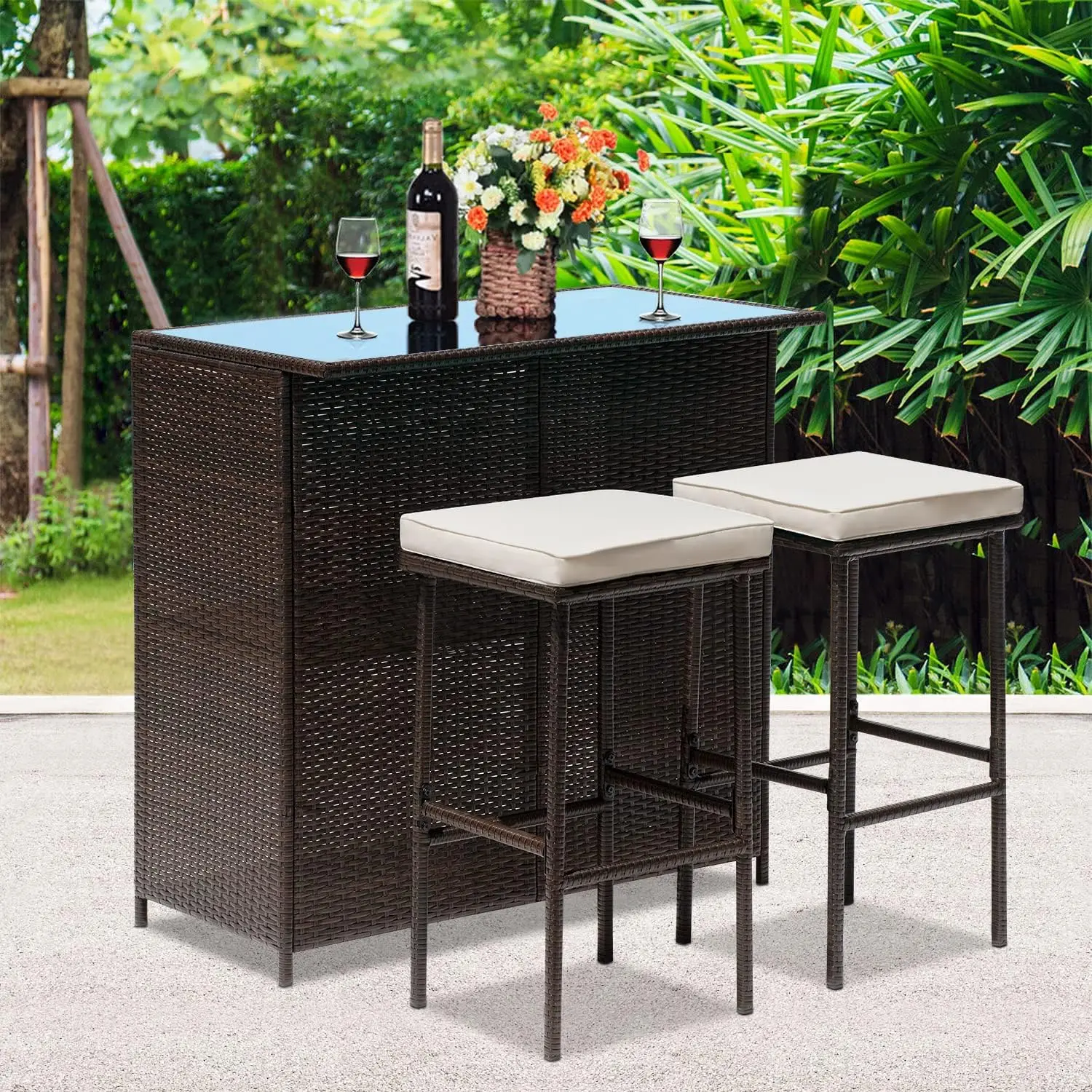 Anyaman teras furnitur 3 bagian Set teras kursi anyaman luar ruangan rotan percakapan Set Bistro meja kopi