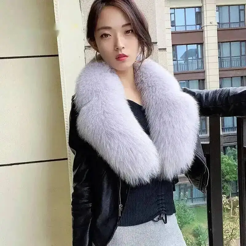Winter New Women 100% Natural Fox Fur Collar Coat Jacket Detachable Fluffy Shawl Ladies Luxury Large Size Neck Warm Scarf