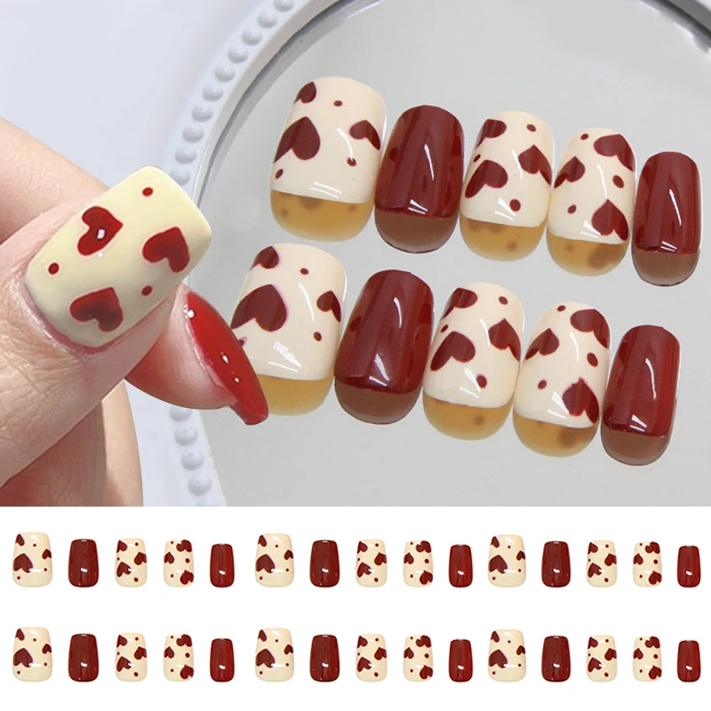 Simple Red Fake Nails with Glue Winter Heart Acrylic Press On Nails Removable Wearing False Nail Tips Manicure Nail Art Supplies