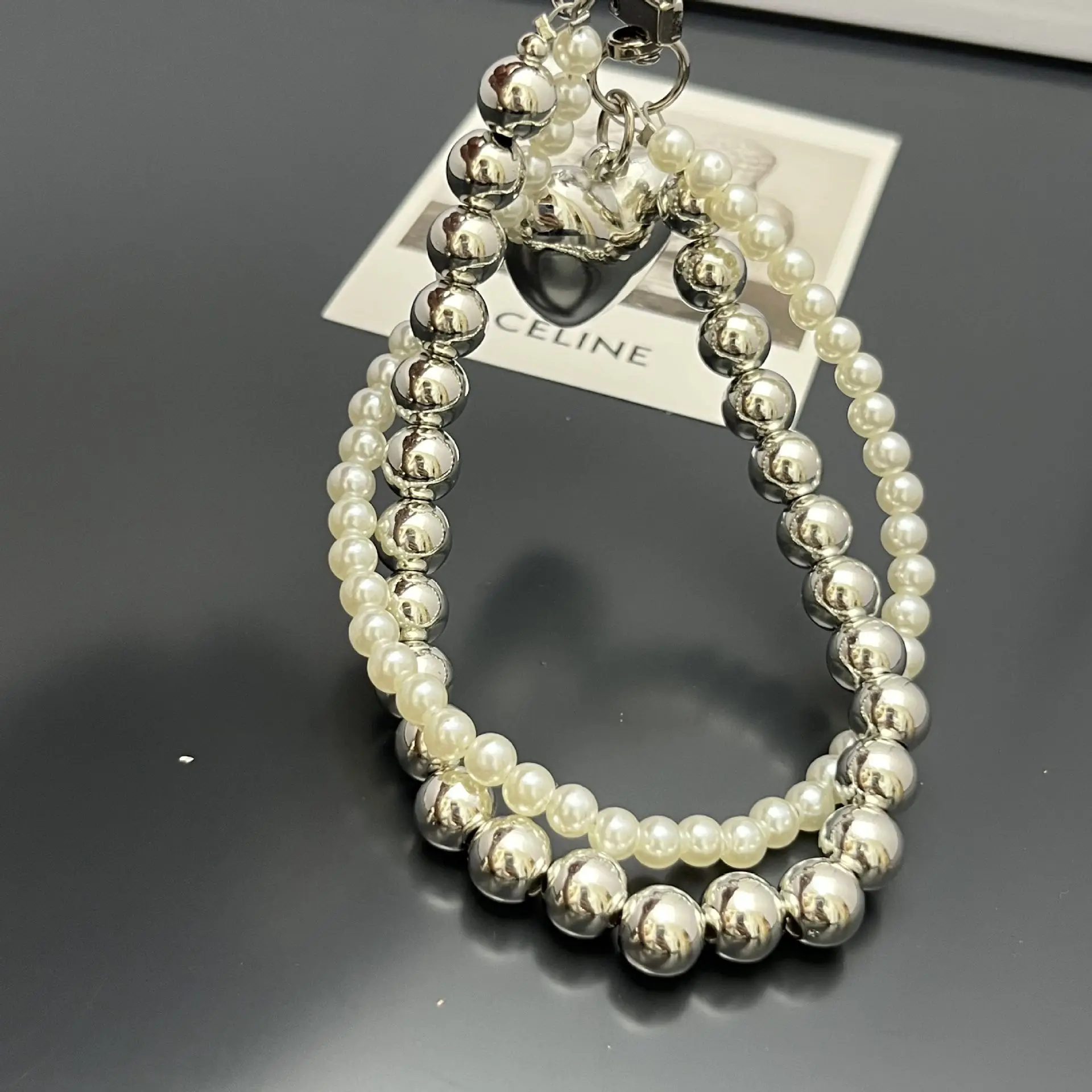 New Ins Cool Style Universal Phone Lanyard Simple Pearl Love Double Chain Wrist Phone Chain for Phone Cases Hanging Rope Chain