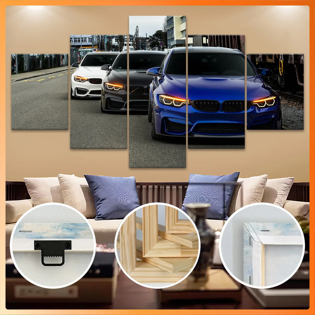 

5pcs Wooden Framed Canvas, Sleek Trio Sport Cars Lineup, Fashion Poster, Art for Home Decoration, Pattern Wall Art