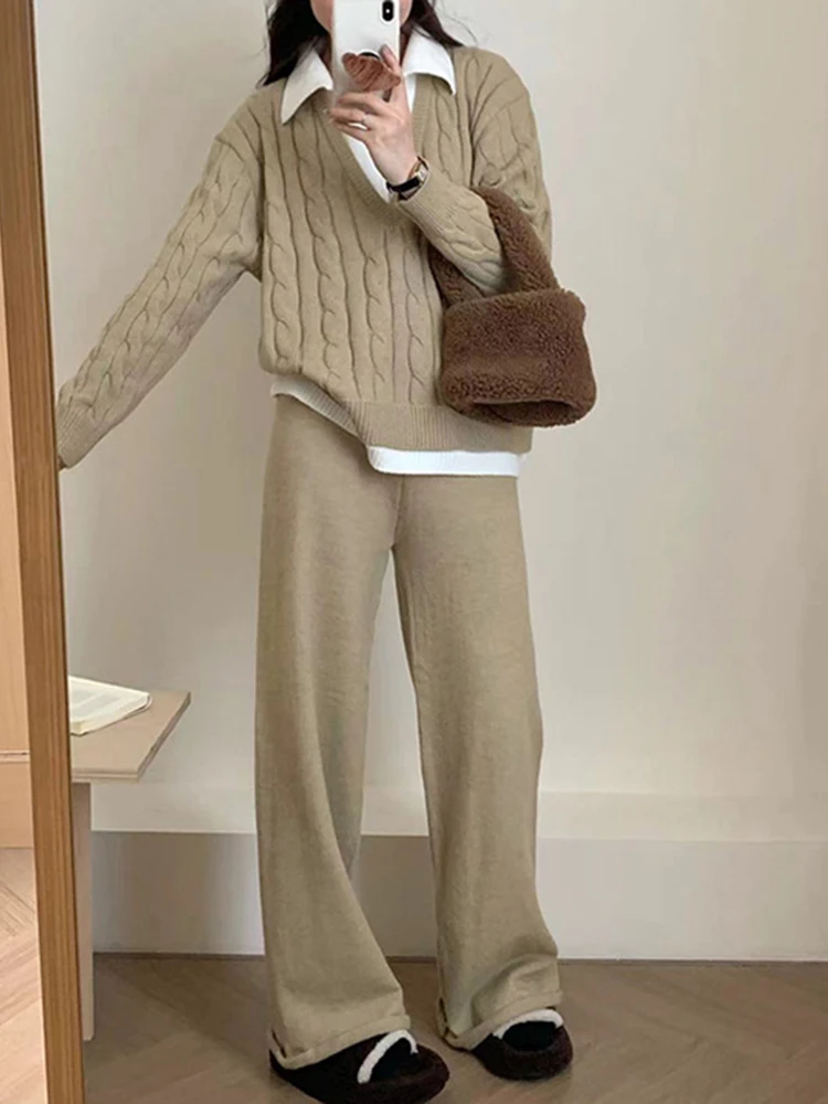 LANMREM Two-pieceTwists Sweater Set Patchwork Lapel Pullover With Wide Leg Pants Knitting Thickened Clothing 2024 New 2DA9350