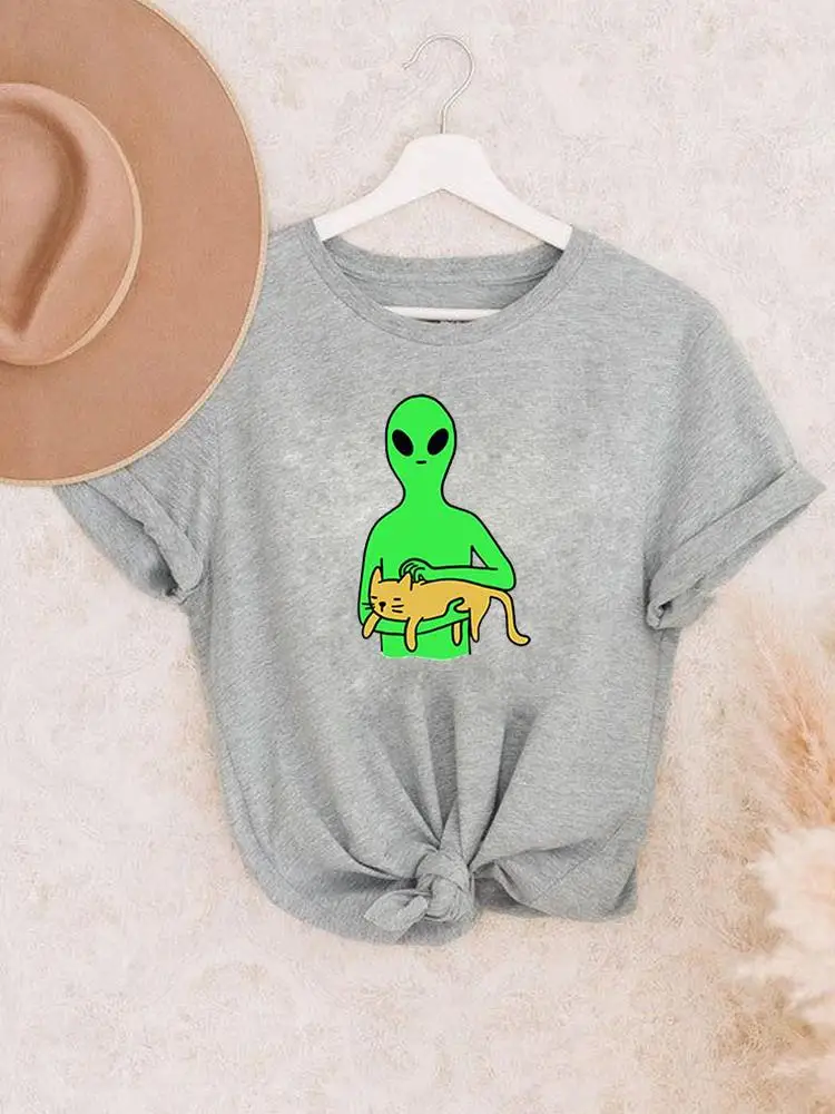 

Women Female Summer T Clothing Print Graphic Tee Fashion Short Sleeve Casual T-shirts Alien Cat Pet Friend 90s Sweet Clothes