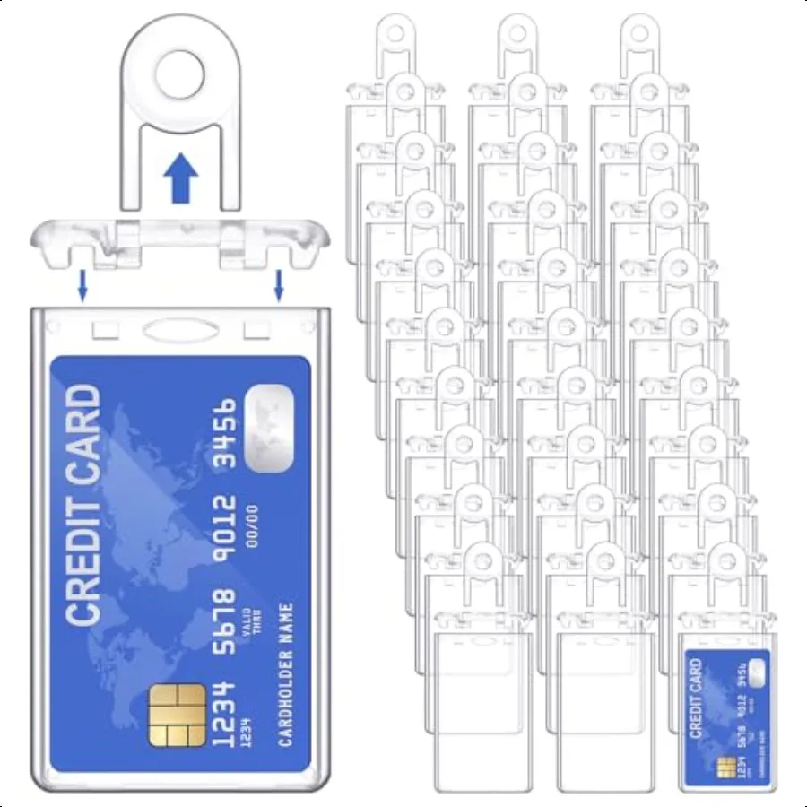 

30 Pack Vertical Permanent Locking ID Badge Holder with Key Hard Plastic ID Card Holder Bulk Clear Heavy Duty Protector Case fo