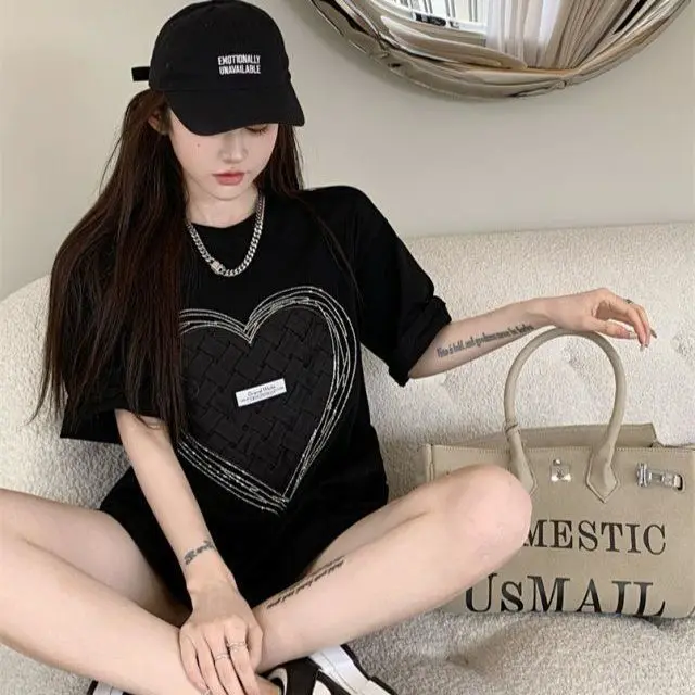 Pure Cotton Love Woven Summer Fashion Stitching Loose Short-Sleeved T-Shirt Women