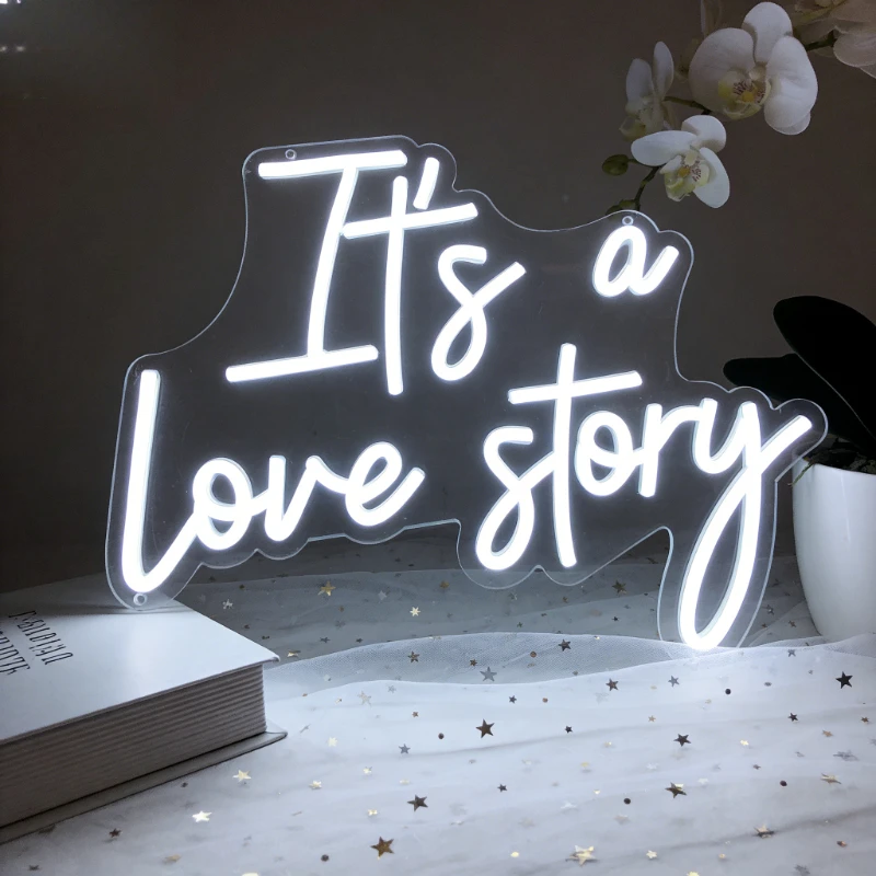 

It's a Love Story Neon Sign LED Night Light 3D Acrylic Romantic USB Rechargeable Wall Art for Home Bedroom Wedding Decor