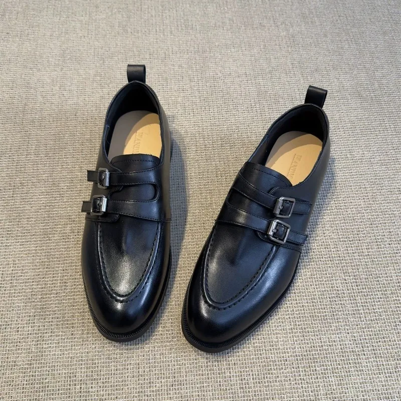 Fashion British Style Women Loafers Double Buckle Details Brown Leather Shoes Round Toe Casual Comfortable Thick Soled Shoes