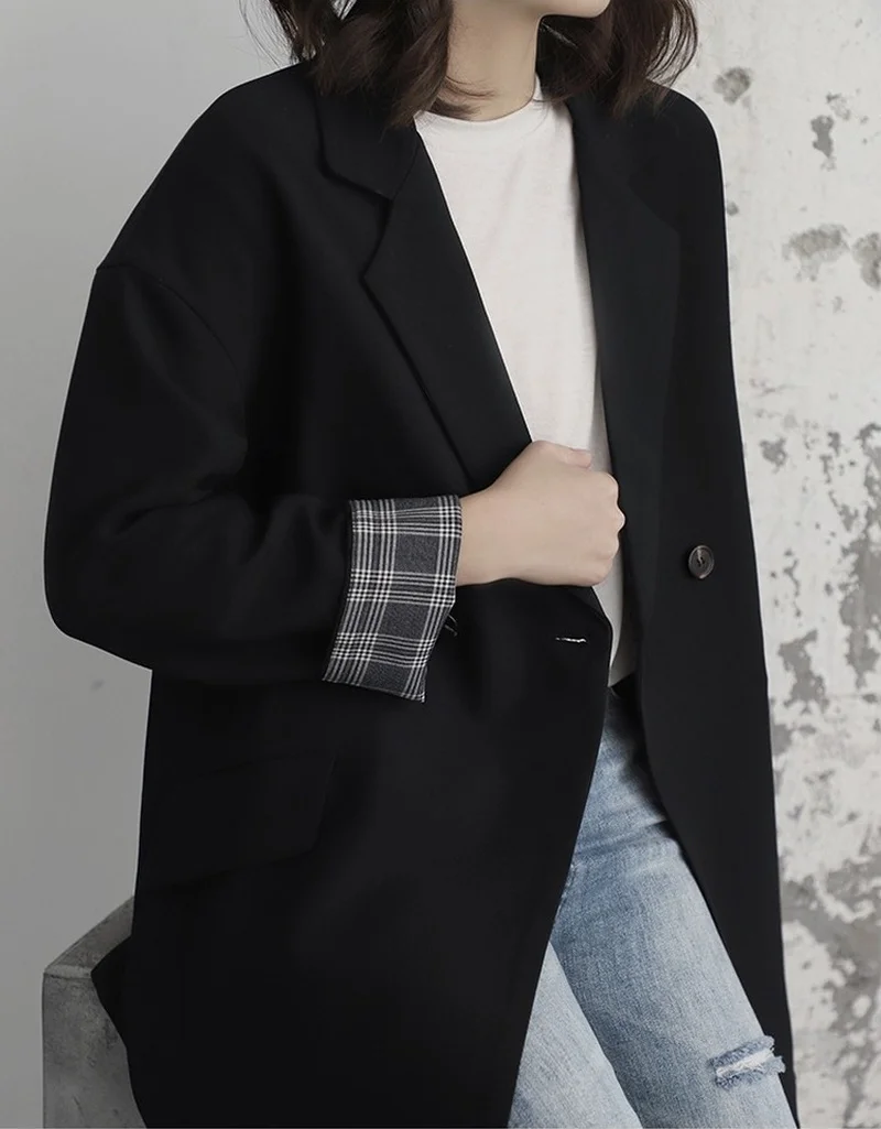 2023 Women Elegant Lapel Single Button Black Blazer Spring Autumn Gray Vintage Jacket Coat Fashion Workwear Female Formal Coats