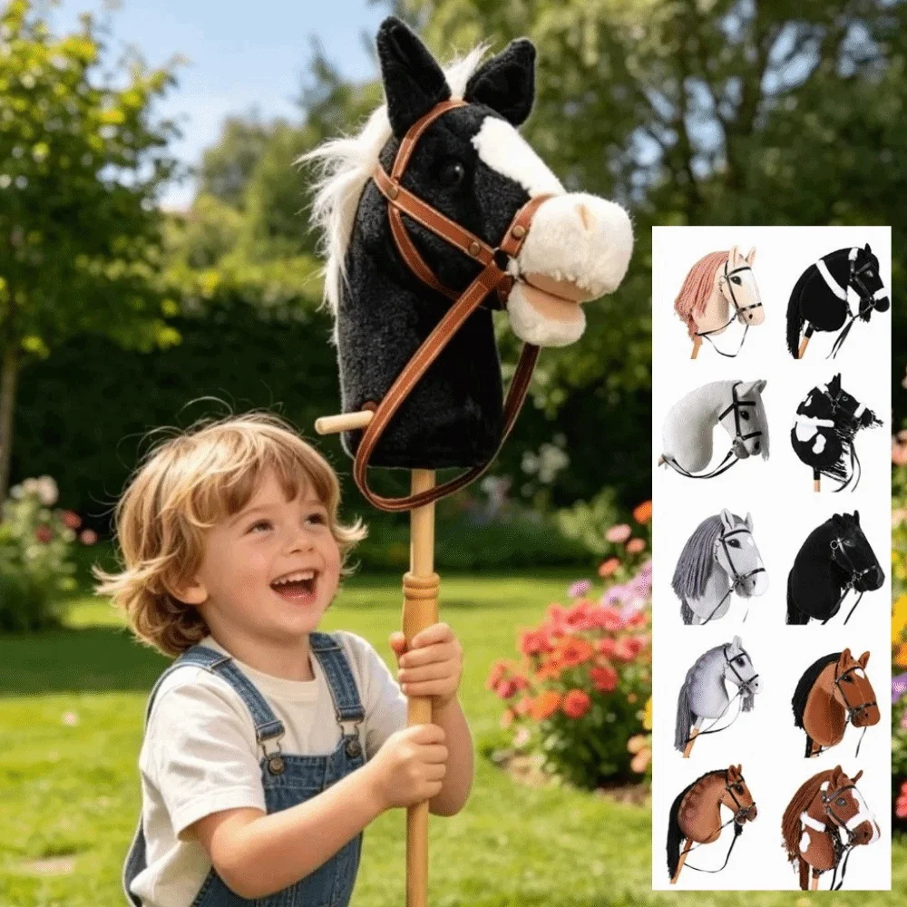 Soft Plush Horse Ride-On Stick Toy Realistic Kids Pretend Play Plush Hobby Horse Detachable with Wooden Handle Plush Horse Head