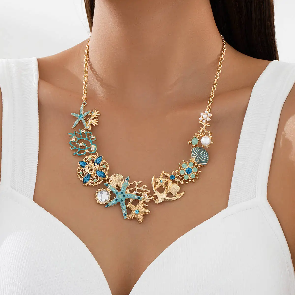 

Fashion Summer Beach Holiday Style Long Necklace Enamel Glaze Starfish Coral Rhinestone Ocean Shell Clavicle Chain Fake Pearls
