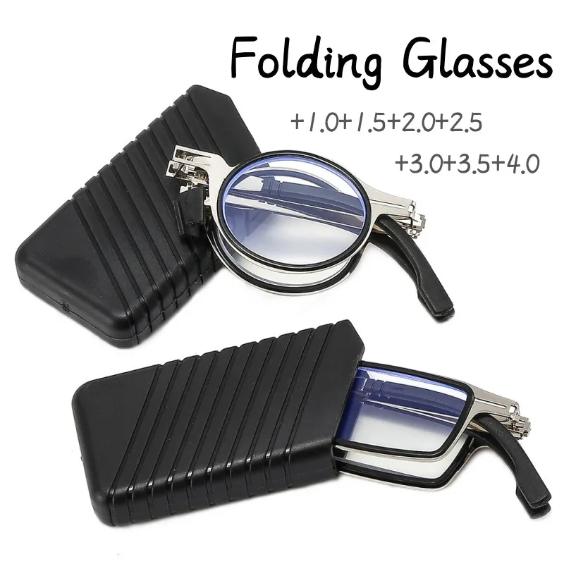 Anti-blue Light Folding Reading Glasses Men Women Foldable Round Frame Presbyopia Eyeglasses Square Glasses with Case +1.0+4.0