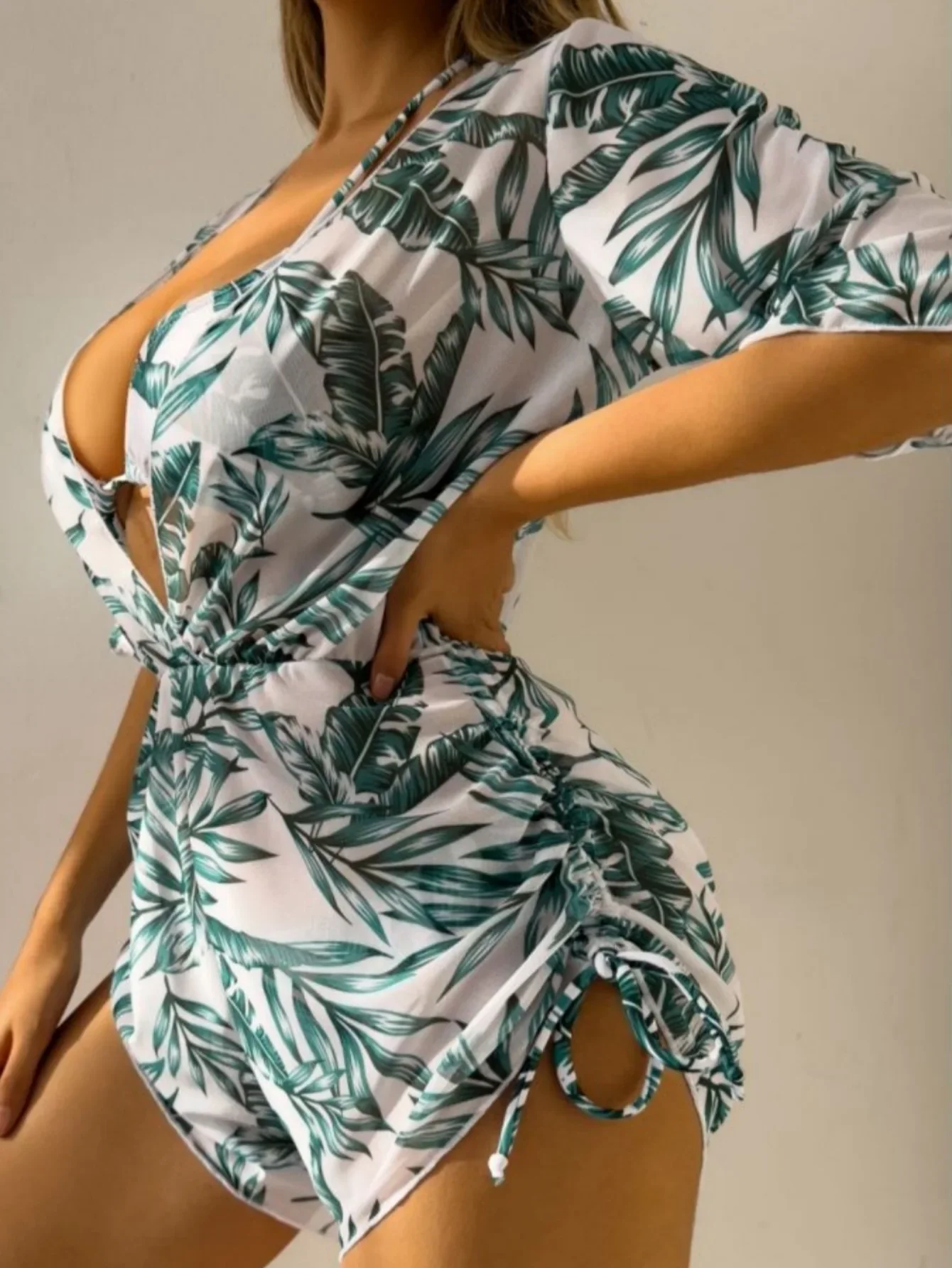 New 11 Colors Women Bikini 3 Piece Set Halter Top Mid Waisted Bottom + Long Sleeved Drawstring Cover Up 2025 Sexy Slim Beachwear