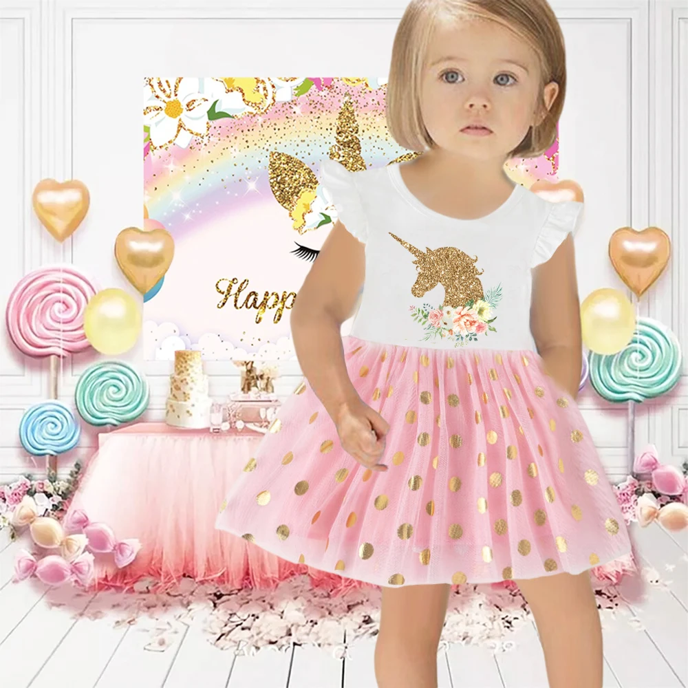 Vestido De Aniversário De Unicórnio Para Meninas, Vestido De Festa Tutu, Vestido De Tule De Bebê, Traje Rosa, 6M-4Y