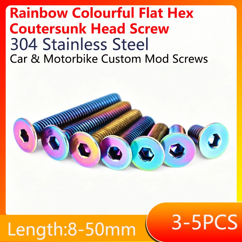 M4 M5 M6 M8 304Stainless Steel Rainbow Colourful Flat Hex Coutersunk Head Screw Suitable For Bicycles Car & Motorbike Mod Screws