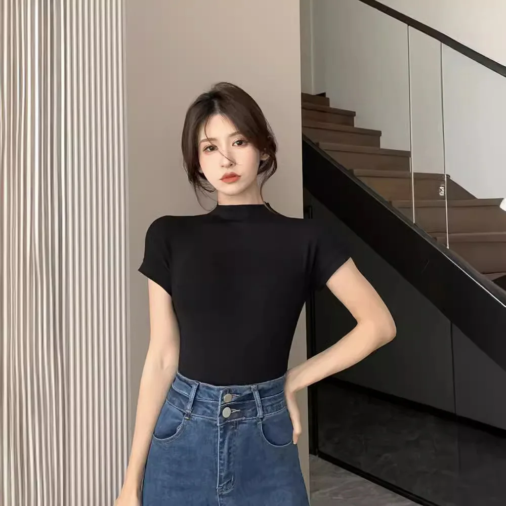 1pcs Girls Summer Solid T-shirts Womens Classic Basic Fashion Tees New Students Short Sleeve Slim Tops Females Mock Neck Tshirts