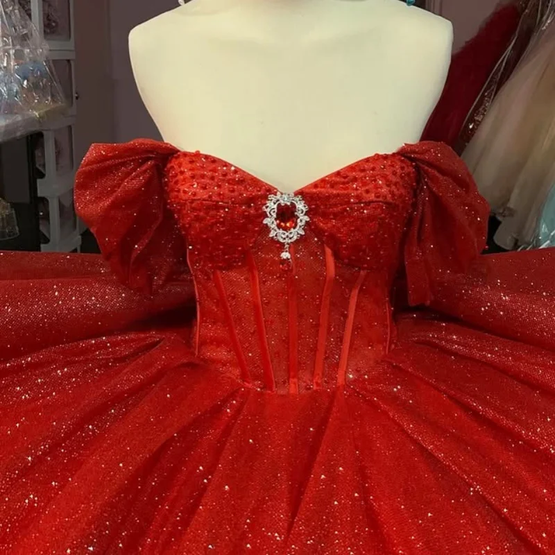 

simple Shiny Red Quinceanera Dress Lace crystal 3D flower Tull glitter decal Bow vestidos de 15 Quinceanera ﻿Customized