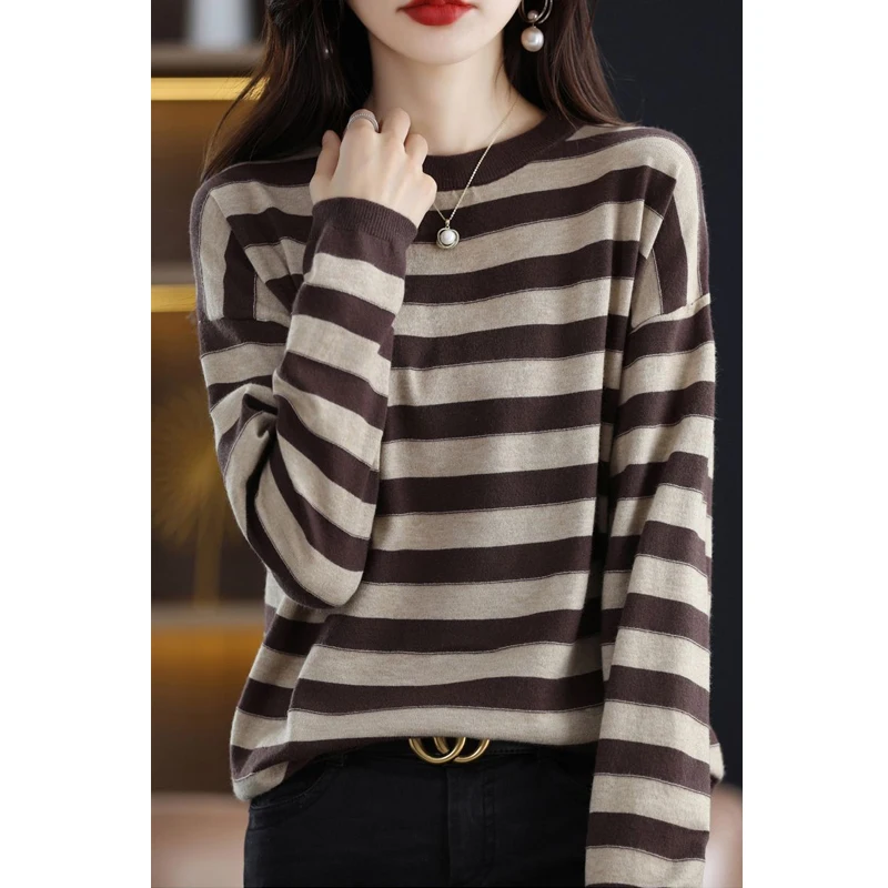 2022 Autumn Winter Korean Simple Striped Soft Basic Knitwear Jumpers Women Casual Round Neck Long Sleeve Pullover Tops Clothing