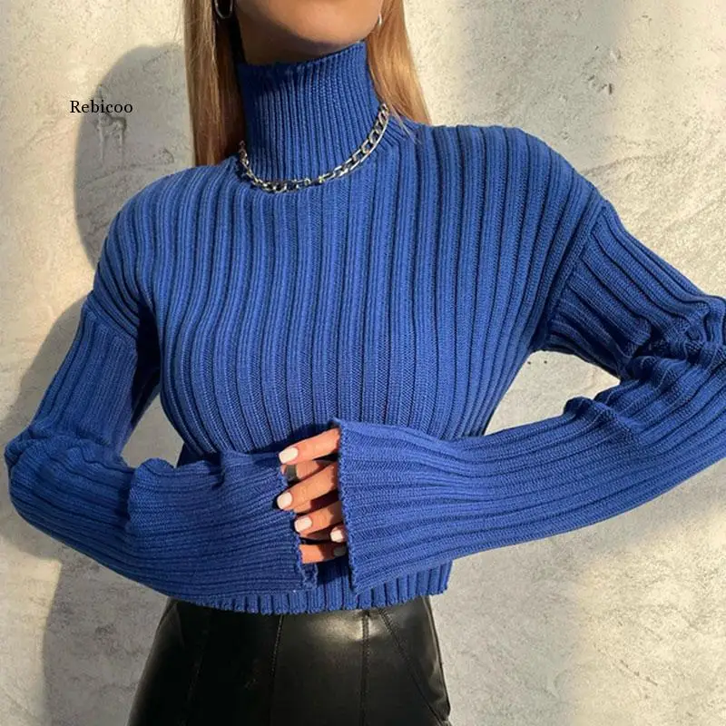 

Women Turtleneck Crop Sweaters Pullover Trumpet Sleeve Casual Loose Office Lady Sweater 2022 Autumn Winter Elegant Female Jumper