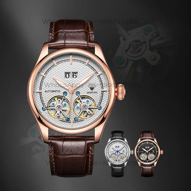 Timekeeping Watch Store Shanghai Diamond  watch double flywheel large dial belt calendar 7104 luminous men's mechanical watch