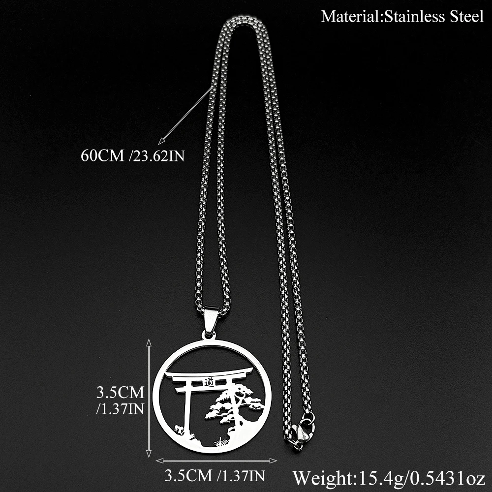 Bonsai-Kiefer-Torii-Tor-Wandkette für Damen und Herren, Edelstahl, silberfarben, japanischer Taoismus, Enso-Halskette, Schmuckzubehör – Detail 3