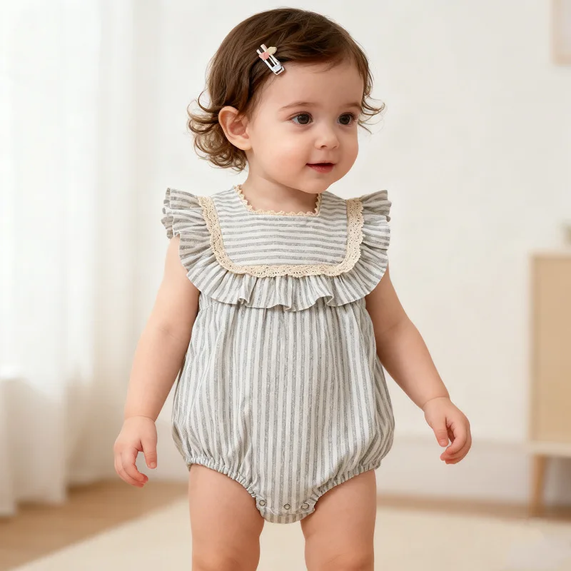 Girls Onesie 2026 Spring and Summer New Childrens Clothing Korean Style Girl Baby Pure Cotton Striped Sleeveless Onesie