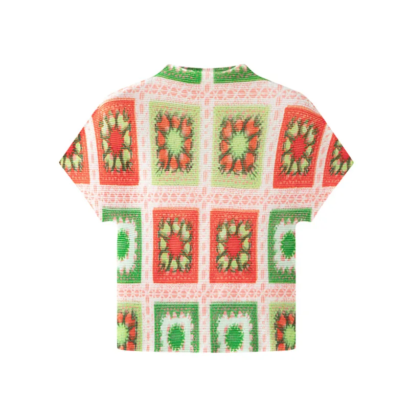 

Miyake Pleated Design Retro Printed Corn Kernel Short-sleeved T-shirt Temperament Slim Slim Top Women Summer New Style