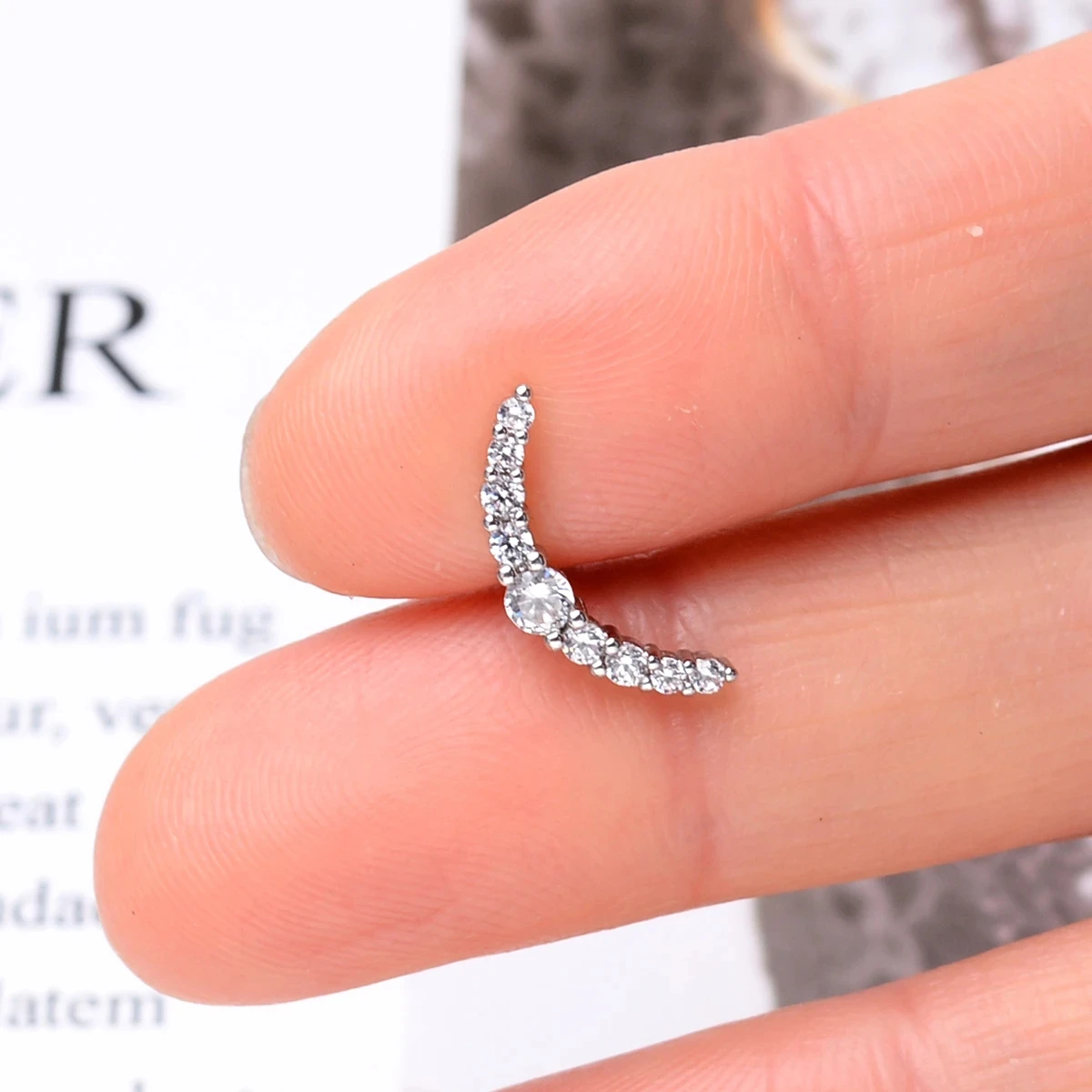 Curved CZ Cartilage Stud Moon Leaf Earring, Stainless Steel