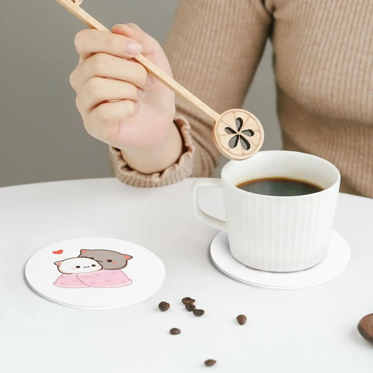 Goma Cuddling Mochi Peach Cat Coasters PVC Leather Placemats Non-slip Coffee Mats for Decor Kitchen Dining Pads Set of 4