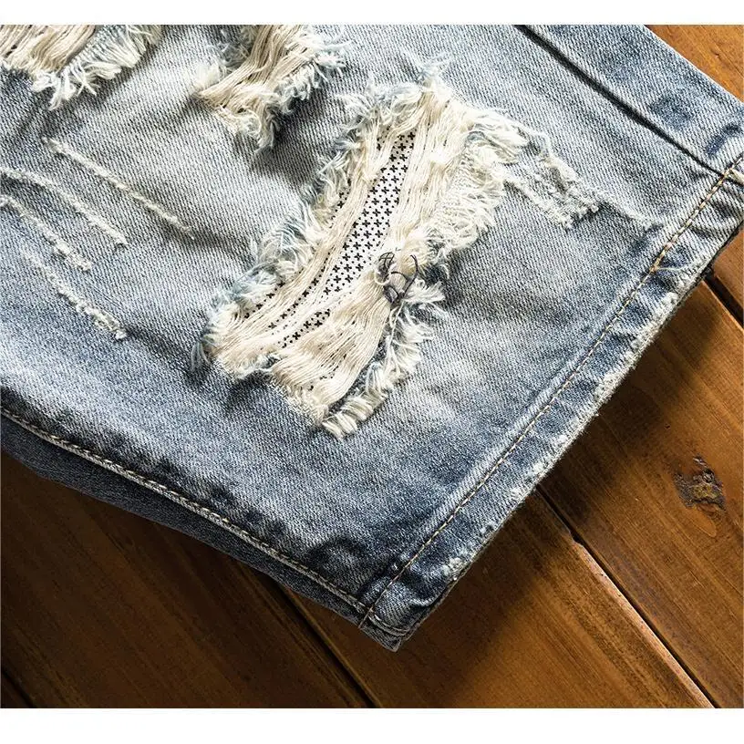 Trendy Brand Beggar Denim Boys Summer Thin Ripped Patch Printed Medium Pants Korean Outerwear Cowboy Shorts Man Short Half Pants