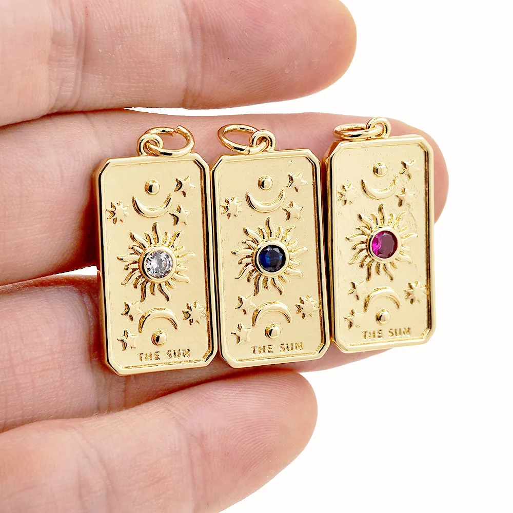 New Rectangle Medal Sun Moon Pendant Colorful CZ Gold Plated Metal Tarot Crads Charms For Women DIY Necklace Jewelry Making