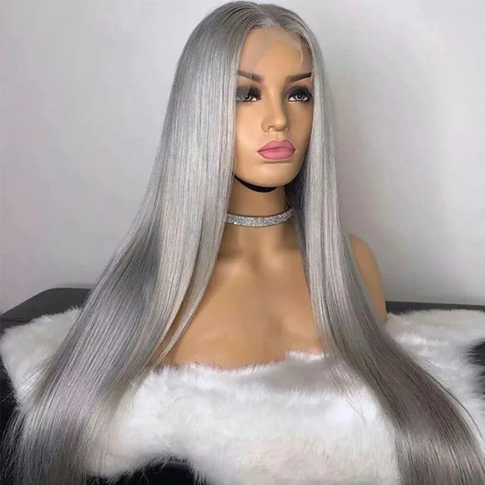 Dark Grey Wig Bone Straight Lace Front Wig 13x4 HD Synthetic Tiny Knots Free Part Pre Plucked Glueless Party Cosplay Clearance