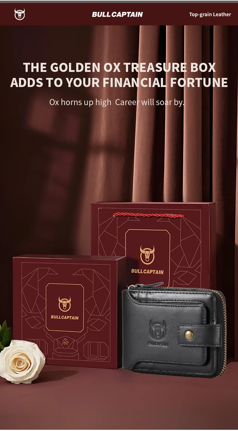 BULLCAPTAIN Herren Echtleder-Geldbörse mit RFID-Schutz, Vintage Rindsleder Reißverschluss-Brieftasche mit Münzfach, Kreditkartenhalter – Detail 2