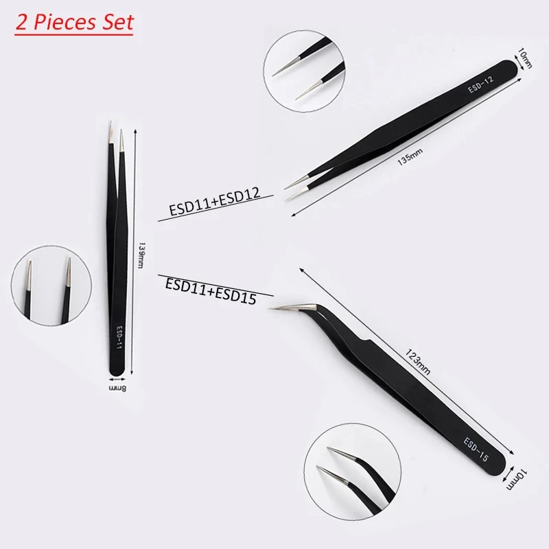 9pcs/Set Industry Tweezers With Bags Anti-static ESD Stainless Steel Tweezers Maintenance Industry Electronics Precision Tweezer