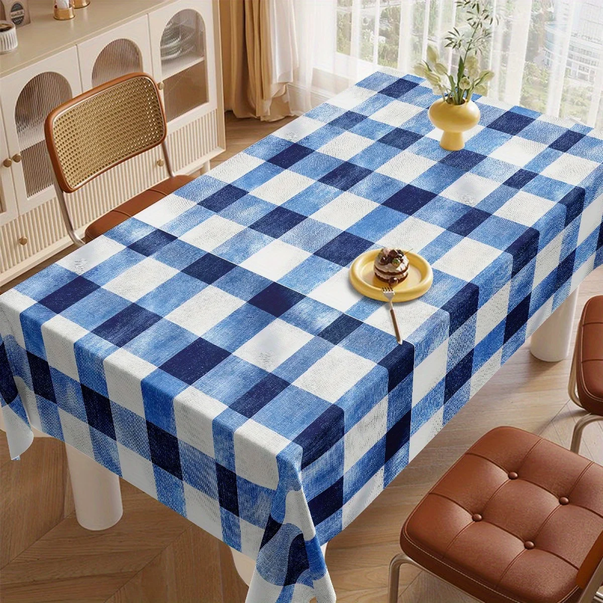 One elegant vintage blue and white check polyester tablecloth - round and rectangular festive decoration