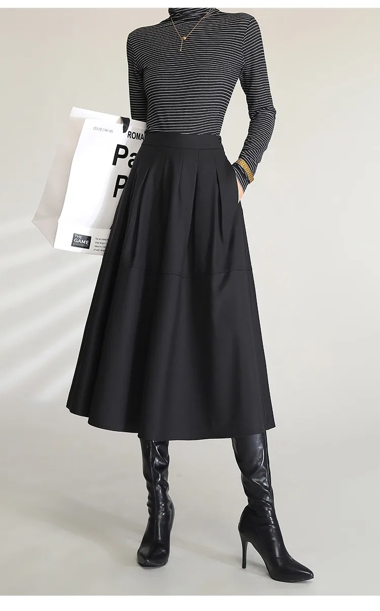 LOUIS YAO Women Elegant Black Midi Skirts 2024 High Waist Commuting Casual A Line Umbrella Long Skirt with Slit and Pockets