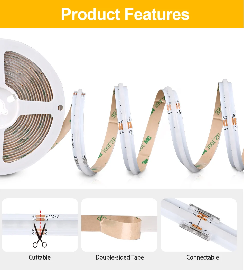 COB RGB LED Strip Lights 576 LEDs/m High Density Flexible Dimmable FCOB Led Tape Colorful Rope Lighting DC12V 24V