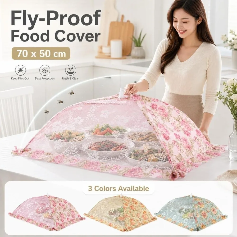 Foldable Food Cover Tent Floral Printed Rectangular Mesh Food Cover Large Capacity Mosquito Proof Vegetable Cover Outdoor Picnic