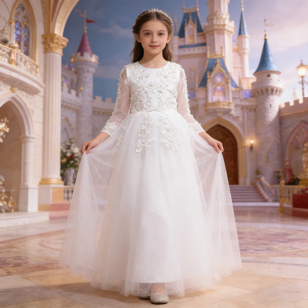 女の子のための白いウェディングドレス洗礼式ふわふわプリンセスドレスガウン子供フォーマルイブニングドレスレースフラワーコスチューム