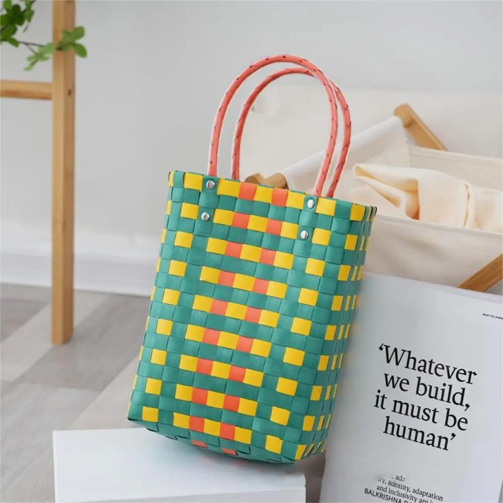 

PVC Colorful Woven Tote Bag Large Capacity Retro Shopping Tote Basket Patchwork Striped with Handle Wicker Beach Bag Summer