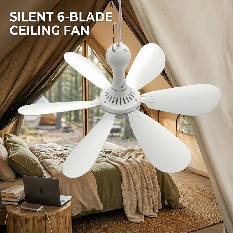 Ventilador de Teto USB Silencioso XIAOTREE com 6 Lâminas, Controle Remoto Opcional, Temporizador, Ventilador Suspenso de 4 Velocidades para Camping e Dormitórios