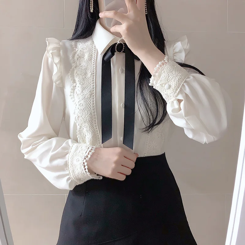 Gorąca sprzedaż kobiet śliczne słodkie dziewczyny styl Preppy topy bluzki formalne FLHJLWOC Office Lady podstawowe białe koszule z guzikami