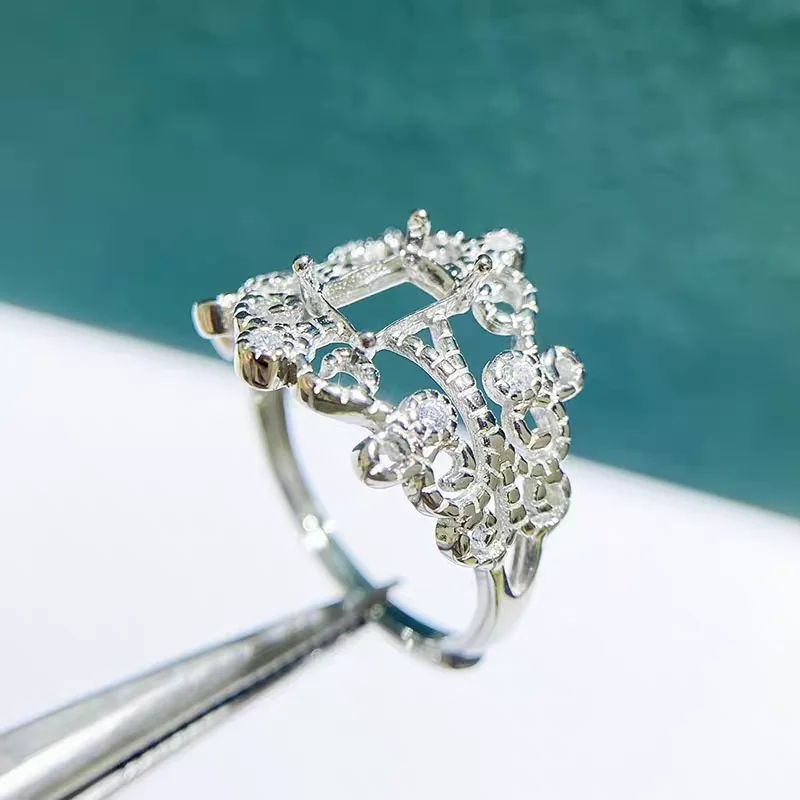 MeiBaPJ 4*6 مستطيل الحجر 925 فضة موضة حلقة حامل لتقوم بها بنفسك دعم فارغ للنساء غرامة مجوهرات Charm