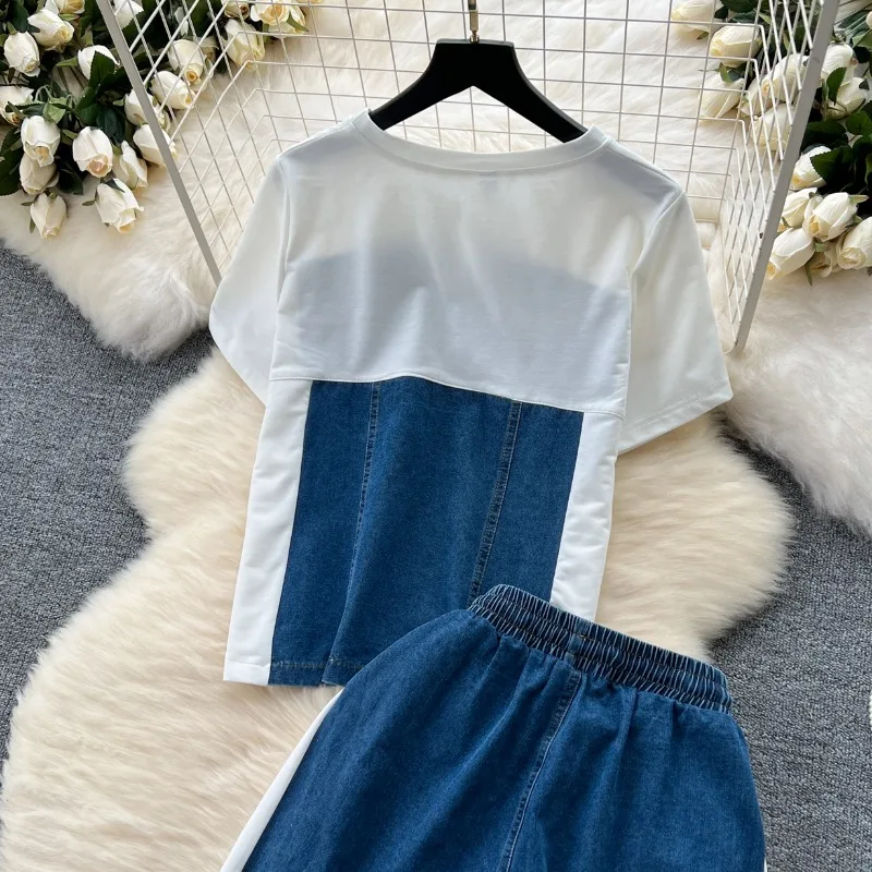 Neploe Simple Fashion Short Sleeve Patchwork Denim Tops Women+ High Waist Straight Wide Leg Pants 2024 Summer New Two Piece Sets